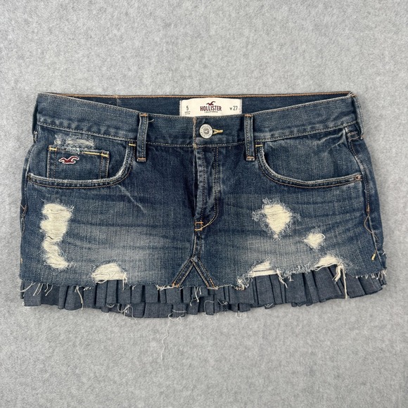 VTG Hollister Skirt Womens 5 W27 Denim Micro Mini Distressed Pleated Raw Hem Y2K - Picture 1 of 7
